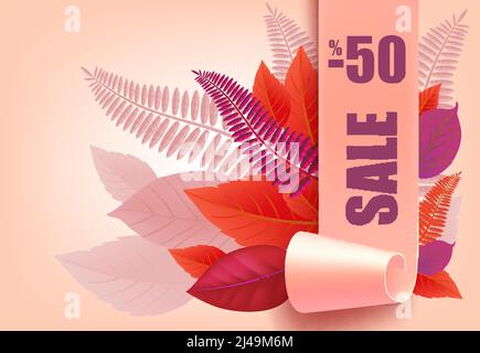 Vente, moins cinquante pour cent lettrage, feuilles pourpres et roses. Offre ou vente saisonnière design publicitaire. Texte tapé, calligraphie. Pour les dépliants, brochettes Illustration de Vecteur