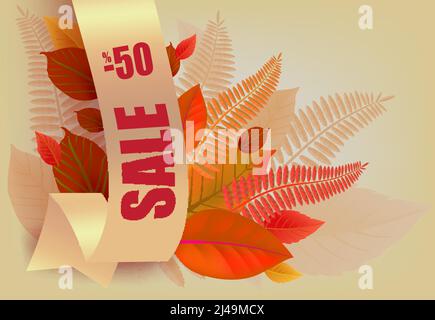 Vente, moins cinquante pour cent lettrage, feuilles orange et jaune. Offre ou vente saisonnière design publicitaire. Texte tapé, calligraphie. Pour les dépliants, broch Illustration de Vecteur