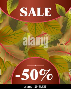 Solde lettrage avec feuilles d'automne vert foncé. Inscription créative sur fond de feuille d'arbre. L'illustration avec lettrage peut être utilisée pour la bannière, l'affiche Illustration de Vecteur