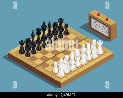 Jeu d'échecs commençant la composition isométrique avec horloge 16 chaque blanc et des pièces noires sur l'illustration vectorielle de l'échiquier Illustration de Vecteur