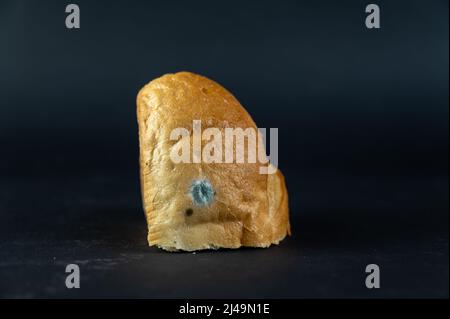 Un morceau de pain moldy sur fond noir. Un morceau de pain de blé rassis. Banque D'Images