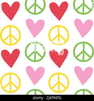 Motif vectoriel sans couture de signes de paix dessinés à la main et de coeurs isolés sur fond blanc Illustration de Vecteur