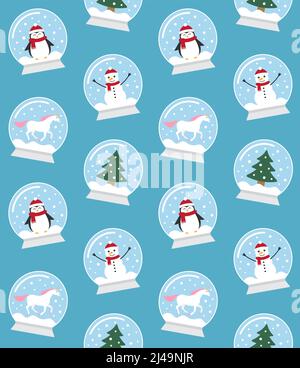 Motif vectoriel sans couture de boules de neige à dessin animé plates avec pingouin, bonhomme de neige, licorne et épinette d'arbre de Noël isolés sur fond bleu Illustration de Vecteur