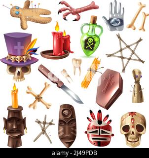 Voodoo african occulte pratiques collection d'attributs avec crâne os masque bougies rituel épingles de poupée illustration vectorielle réaliste Illustration de Vecteur