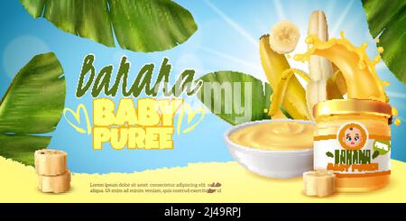 Affiche publicitaire réaliste de la première nourriture de bébé avec pot de purée de banane illustration vectorielle des tranches de fruits pelés Illustration de Vecteur