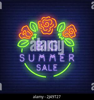 Affiche « Big Summer sale » de style néon. Illustration vectorielle avec texte violet dans un cadre rond vert et roses rouges. Modèle pour banderoles lumineuses de nuit, billbo Illustration de Vecteur