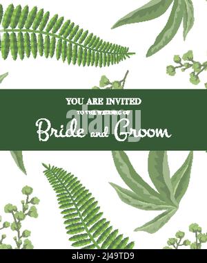 Invitation de mariage. Inscriptions dans un cadre vert sur un motif de verdure. Fête, événement, célébration. Texte manuscrit, calligraphie. Peut être utilisé pour le mariage ca Illustration de Vecteur