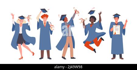 Les heureux diplômés sautent et dansent avec joie, les étudiants en robe et chapeau célèbrent Illustration de Vecteur