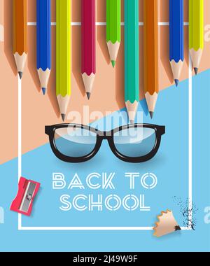 Texte de retour à l'école dans un cadre, des lunettes et des crayons. Proposer ou vendre la conception publicitaire. Texte tapé, calligraphie. Pour des dépliants, des brochures, des invitations Illustration de Vecteur