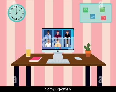 Vidéoconférence avec les gens. Réunion de travail. Appel vidéo de conférence. Lieu de travail Illustration de Vecteur