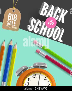 Retour à l'école grande vente affiche design avec crayons, réveil et étiquette sur fond de menthe et noir. Le texte peut être utilisé pour les affiches, les prospectus et les bannières Illustration de Vecteur