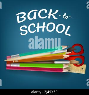 Lettrage de retour à l'école avec des crayons de couleur et des ciseaux. Proposer ou vendre la conception publicitaire. Texte tapé, calligraphie. Pour les dépliants, brochures, invita Illustration de Vecteur