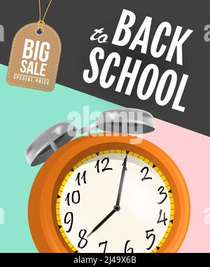 Retour à l'école solde affiche design avec réveil et étiquette sur fond menthe, rose et noir. Le texte peut être utilisé pour les affiches, les prospectus et les bannières Illustration de Vecteur