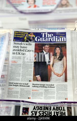 Rishi 'l'épouse de Sunak peut avoir évité £20m en taxe du Royaume-Uni' Akshata Murthy on Guardian journal titre première page Londres Angleterre Royaume-Uni 8 avril 2022 Banque D'Images