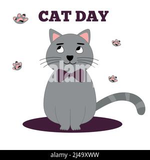 Journée internationale du chat. Chat gris mignon. Illustration vectorielle plate Illustration de Vecteur