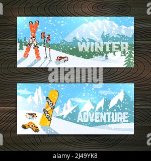 Vacances d'hiver ski alpin paysage avec lunettes gants et poteaux bannières horizontales ensemble abstrait vecteur isolé illustration Illustration de Vecteur