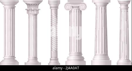 Colonnes blanches anciennes ensemble d'icônes réalistes avec différents styles de illustration vectorielle d'architecture grecque Illustration de Vecteur