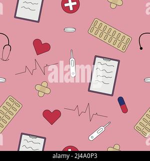 Modèle sans couture pour la médecine. Comprimé, pilules, stéthoscope, plâtre Illustration de Vecteur