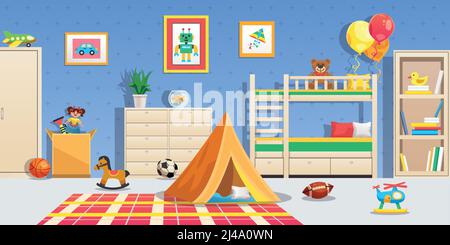 Intérieur de la chambre pour enfants avec meubles blancs, tente de balles de sport et illustrations vectorielles horizontales plates colorées pour jouets Illustration de Vecteur