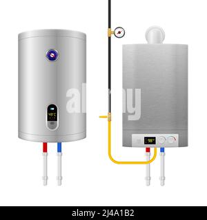 Composition réaliste et colorée de chaudière de chauffe-eau avec deux et isolées illustration de vecteur d'équipement et de tuyauterie différents Illustration de Vecteur