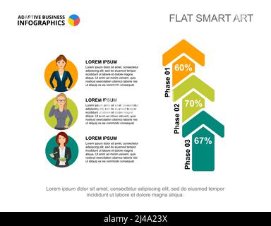 Modèle de graphique de pourcentage de trois collègues pour la présentation. Visualisation des données métier. Concept créatif d'entreprise, de planification, d'analyse ou de travail d'équipe f Illustration de Vecteur