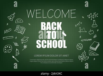 Bienvenue à l'école avec des dessins de craie et de nouilles. Proposer ou vendre la conception publicitaire. Texte tapé, calligraphie. Pour les dépliants, les brochures, je Illustration de Vecteur