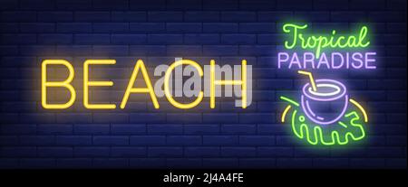 Plage, paradis tropical, texte néon avec cocktail. Station d'été, café ou bar design publicitaire. Panneau néons lumineux de nuit, panneau d'affichage coloré, éclairage b Illustration de Vecteur