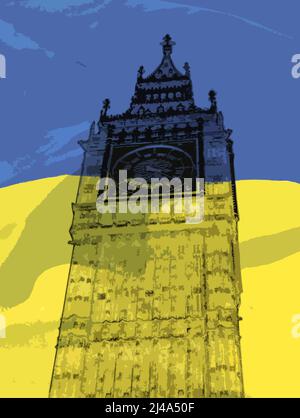 Drapeau de l'art numérique de l'Ukraine, superposé à une image de la Tour Elizabeth de Big Ben, chambres britanniques du Parlement, illustrant le soutien à l'Ukraine Banque D'Images