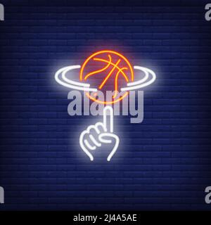 Basket-ball tournant sur l'enseigne néon de doigt. Concept basket-ball, jeu d'équipe et sport. Design publicitaire. Panneau d'affichage coloré de nuit, bannière lumineuse. Illustration de Vecteur