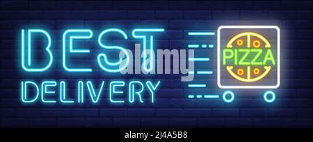 Affiche au néon pour la meilleure livraison de pizza. Chariot avec pizza en mouvement sur fond de mur de briques. Illustration vectorielle de style néon pour le service de restaurant italien an Illustration de Vecteur