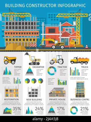 Construction constructeur infographiques avec site sur le fond bleu de la machinerie et illustration vectorielle des graphiques et des statistiques des installations Illustration de Vecteur