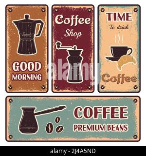 Un ensemble de banderoles rétro à café horizontales et trois banderoles verticales avec titres good morning time et illustration vectorielle haut de gamme Illustration de Vecteur