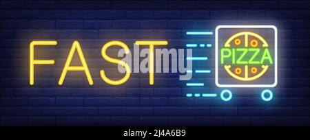 Enseigne au néon pour pizza rapide. Chariot avec pizza en mouvement sur fond de mur de briques. Illustration vectorielle de style néon pour le service de livraison de nourriture et la pizzeria Illustration de Vecteur