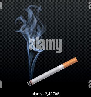 L'image réaliste de la cigarette brûle sur fond transparent sombre dans le traditionnel couverture avec une bouffée translucide d'illustration de vecteur de fumée Illustration de Vecteur