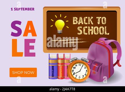 Retour à l'école, boutique maintenant solde prospectus design avec livres, réveil, sac à dos et tableau noir. Le texte peut être utilisé pour les affiches, les affiches, les bannières et les publicités Illustration de Vecteur