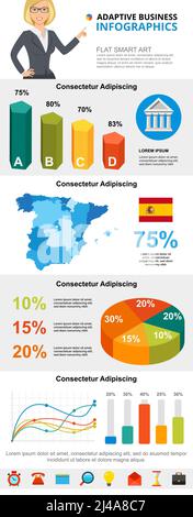 Statistiques colorées ou graphiques d'infographie marketing. Barre d'activité, graphique à secteurs et graphiques linéaires pour les modèles de diapositives de présentation. Pour rapport d'entreprise, adv Illustration de Vecteur