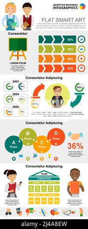 Des graphiques de formation et de marketing sont définis pour les modèles de diapositives de présentation. Graphiques de pourcentage d'activité. Le concept d'éducation peut être utilisé pour le rapport annuel, adve Illustration de Vecteur