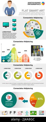 Ensemble de graphiques infographiques sur les concepts des technologies de l'information. Secteurs d'activité et diagrammes circulaires pour les modèles de diapositives de présentation. Peut être utilisé pour la repo financière Illustration de Vecteur