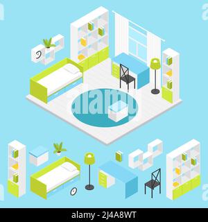 Composition des chambres pour enfants en isométrique avec aménagement des chambres et illustration vectorielle de jeu d'icônes colorées isolées Illustration de Vecteur