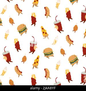 motif vectoriel avec pizza, hamburger, frites, poulet frit, crème glacée, hot dog, boisson gazeuse. Illustration dessinée à la main. Restauration rapide Illustration de Vecteur