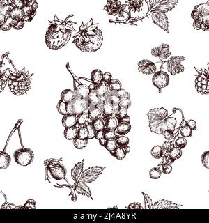 Baies dessinées à la main avec motif sans couture et fraise sauvage à cassis illustration vectorielle cerise et bouquet de raisins Illustration de Vecteur