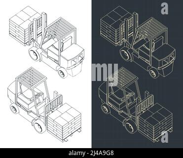 Illustration vectorielle stylisée de modèles isométriques de chariot élévateur à fourche avec cargaison Illustration de Vecteur