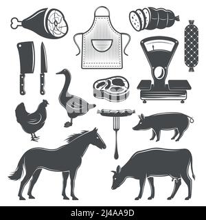 Ensemble de boucherie d'éléments monochromes avec animaux de ferme et produits à base de viande illustration vectorielle isolée du tablier et de la balance des couteaux Illustration de Vecteur