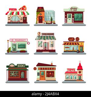 Édifices colorés de la ville avec façades de magasins, boutiques, restaurants et cafés isolés illustration vectorielle Illustration de Vecteur