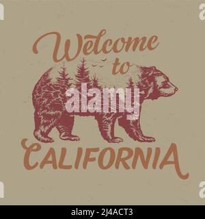 Bienvenue dans le motif d'étiquette de t-shirt californien avec illustration de la silhouette d'ours. Illustration de double exposition dessinée à la main. Illustration de Vecteur