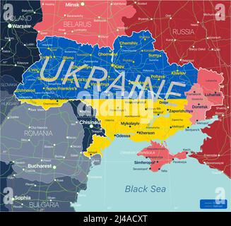 Ukraine carte détaillée modifiable avec régions villes, routes et chemins de fer. Illustration de Vecteur