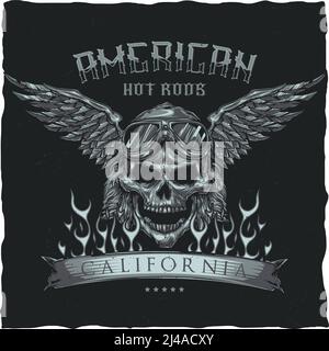 Étiquette de t-shirt style vintage à motif tige chaude avec illustration du crâne du conducteur avec des lunettes et des ailes. Illustration dessinée à la main. Illustration de Vecteur