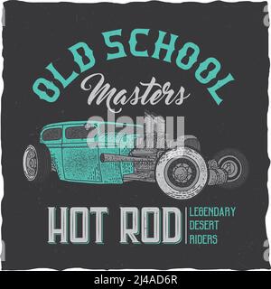 Étiquette de t-shirt style vintage avec motif voiture de vitesse personnalisée. Illustration dessinée à la main. Illustration de Vecteur