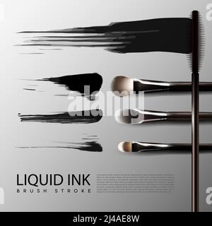 Maquillage de beauté concept mascara réaliste avec différents pinceaux et liquide illustration vectorielle isolée avec traits noirs Illustration de Vecteur