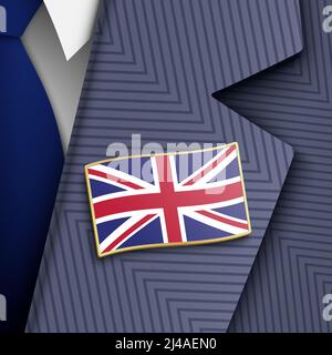 Personne officielle britannique vêtue d'un costume officiel de couleur bleue, d'une chemise blanche, d'une cravate bleue et d'une épinglette dorée drapeau britannique, illustration vectorielle. Illustration de Vecteur